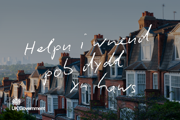 Rooftops of homes and the words in welsh: 'Helping to Make Every Day Easier' / 'Helpu i wneud pob dydd yn haws'